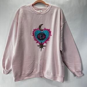 Pink Sequins Evil Eye Heart Moon Star Crewneck Pullover Sweater XL